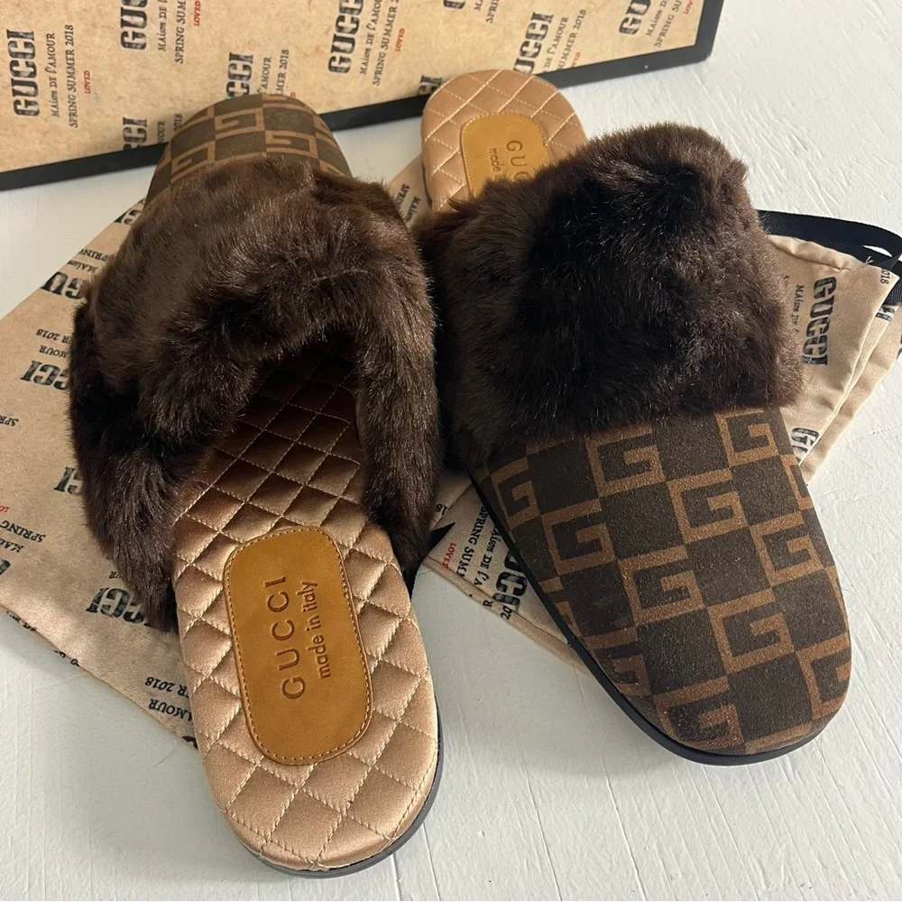 Gucci Men's Lawrence Faux Fur Suede GG Logo Slides Size 12 Chocolate Brown - Picture 3 of 13